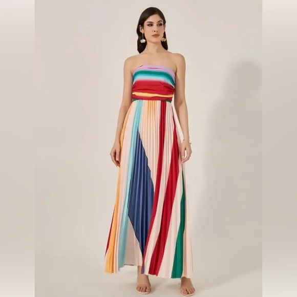 TRENDY VIRAL rainbow Multicolor Striped pleated strapless Maxi Dress *2 for 20* - Picture 4 of 13